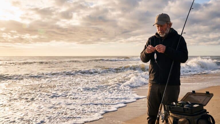 An angler at the tide line clipping a metal casting spoon to a leader, lure box open on the sand — Outer Banks, NC