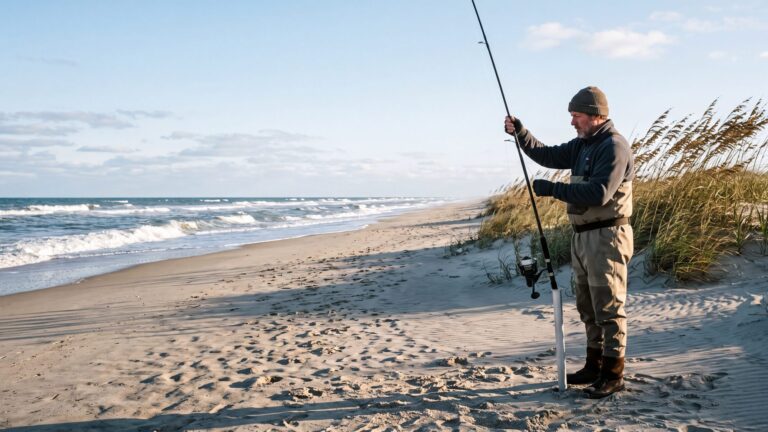 An angler in waders and a fleece checking a rod in a sand spike on a windy early-spring beach, sea oats bending — Outer Banks, NC