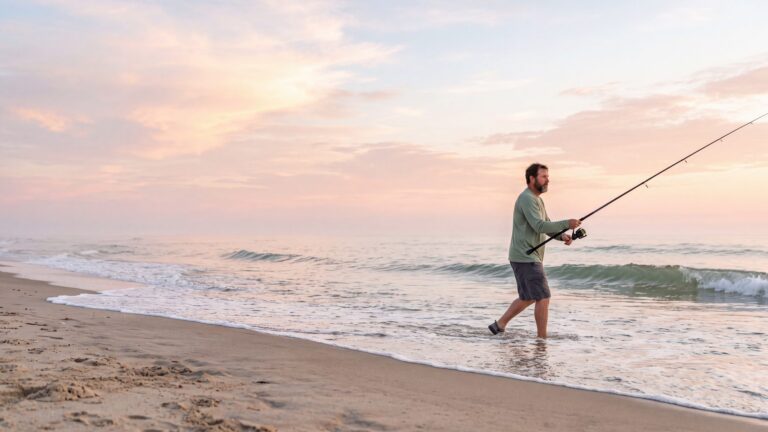 An angler in shorts and a sun shirt wading out to cast a long surf rod into glassy green May surf — Outer Banks, NC