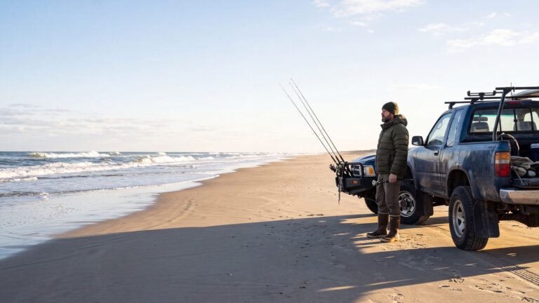 An angler in a puffer jacket and beanie beside a 4x4 truck backed up to the tide line with rods on the front rack — Outer Banks, NC