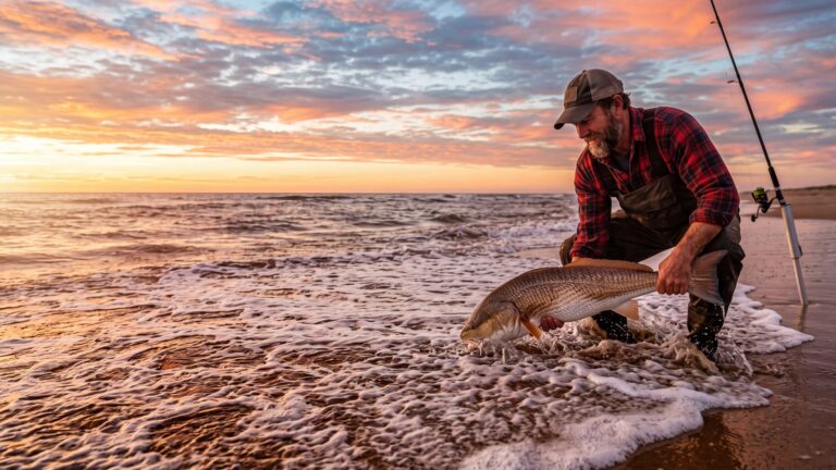 A rugged angler in a flannel shirt and waders releasing a big bronze red drum into the wash at golden hour — Outer Banks, NC