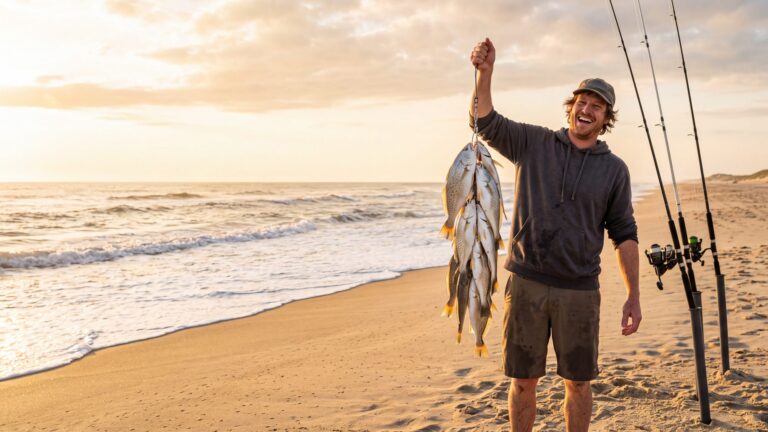 An angler in shorts and a hoodie hoisting a stringer of silver spot beside three rods in spikes on a golden September beach — Outer Banks, NC