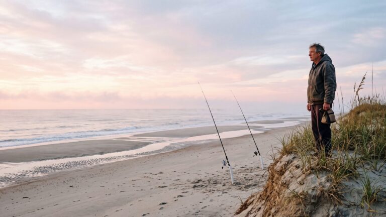 An angler studying the water from the top of a dune at first light, rods in spikes on the beach below — Outer Banks, NC