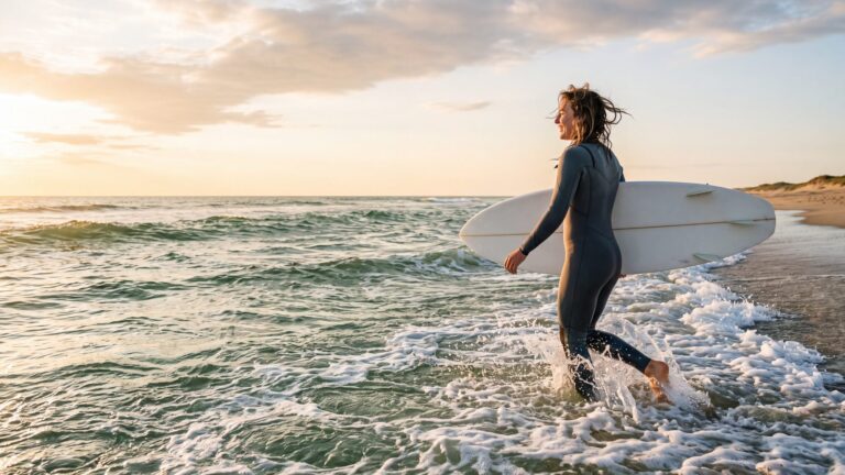 A woman in a wetsuit wading into clear green surf with a surfboard under her arm — Outer Banks, NC