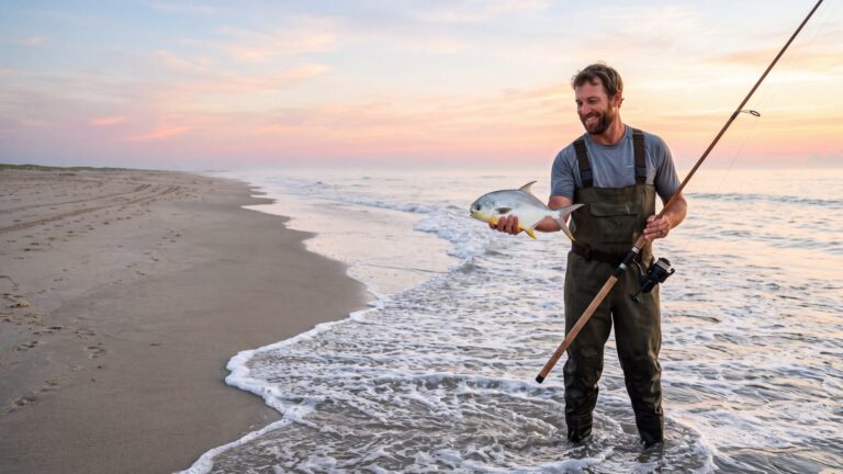 An angler in waders standing knee-deep in surf holding up a small silver pompano with a yellow belly and forked tail — Outer Banks, NC