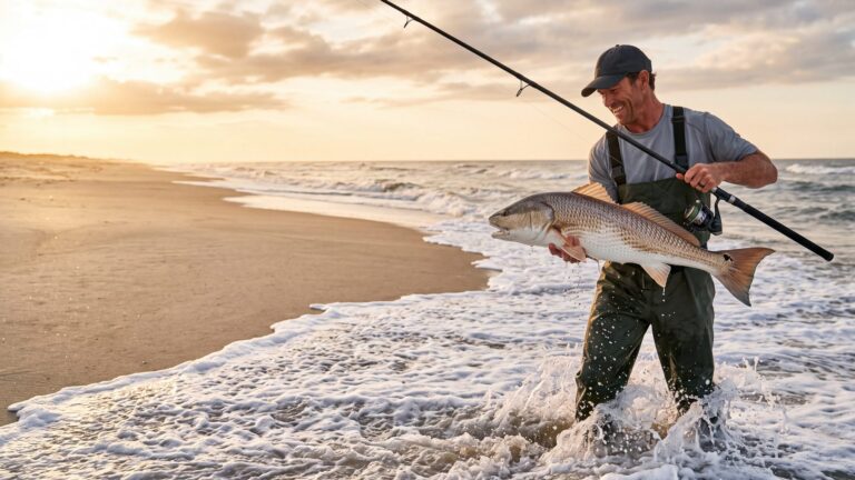 An angler in waders standing knee-deep in surf holding up a big bronze red drum with the black spot on its tail — Outer Banks, NC