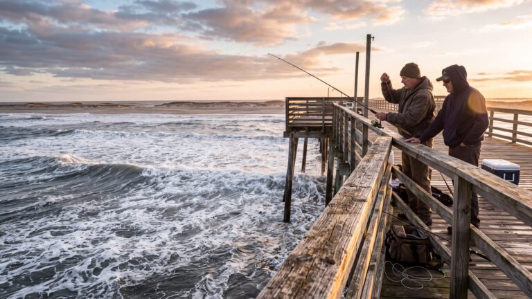 A weathered wooden pier reaching into big rolling surf with two anglers at the rail — Outer Banks, NC