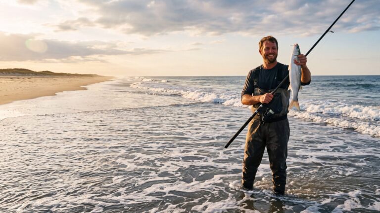 An angler in waders standing knee-deep in surf holding up a slim silver sea mullet with a single chin barbel — Outer Banks, NC