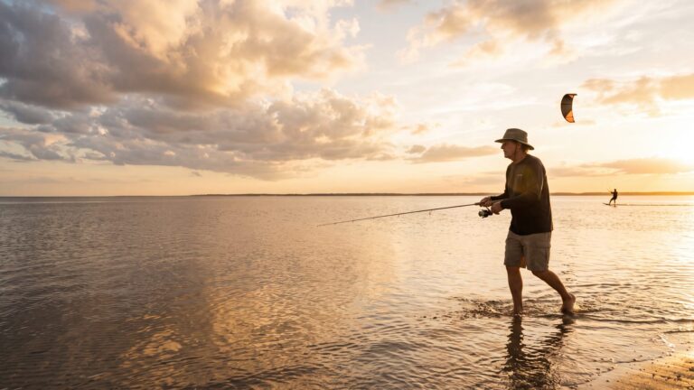 An angler wading a shallow flat sound in ankle-deep water with a light rod, a kiteboarder small in the far distance — Outer Banks, NC
