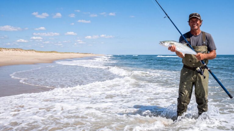 An angler in waders holding up a sleek silver Spanish mackerel with yellow-gold spots — Outer Banks, NC