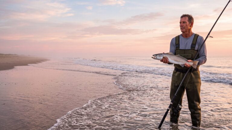 An angler in waders holding up a speckled trout with black spots over a silver body — Outer Banks, NC
