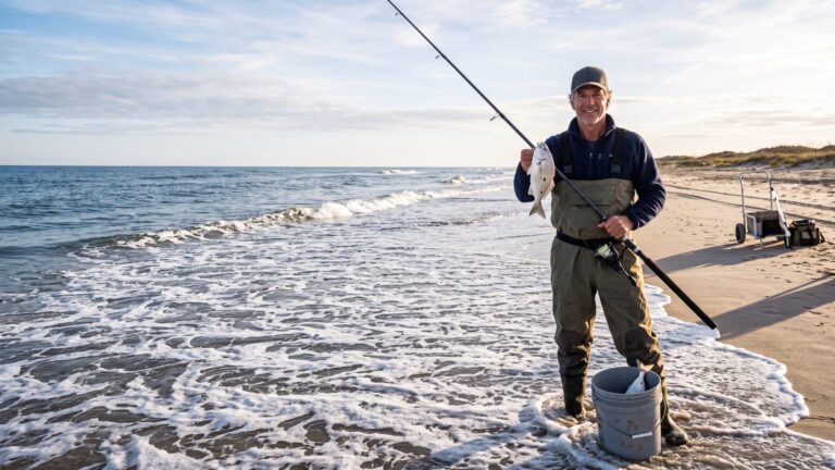An angler in waders holding up a small silver spot with the dark shoulder spot behind the gill — Outer Banks, NC