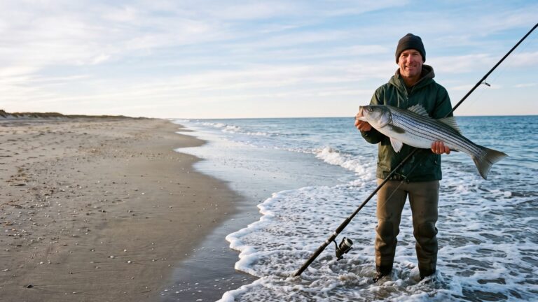 An angler in waders standing knee-deep in surf holding up a thick striped bass with seven dark horizontal stripes — Outer Banks, NC