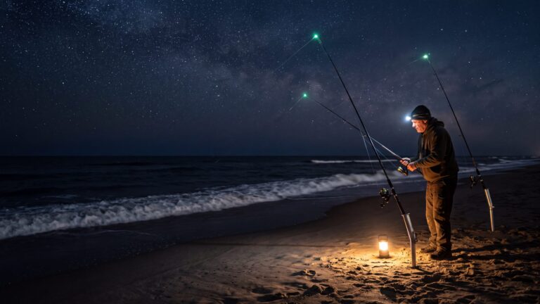 An angler by lantern light at night beside two surf rods with glowing tip lights in sand spikes — Outer Banks, NC