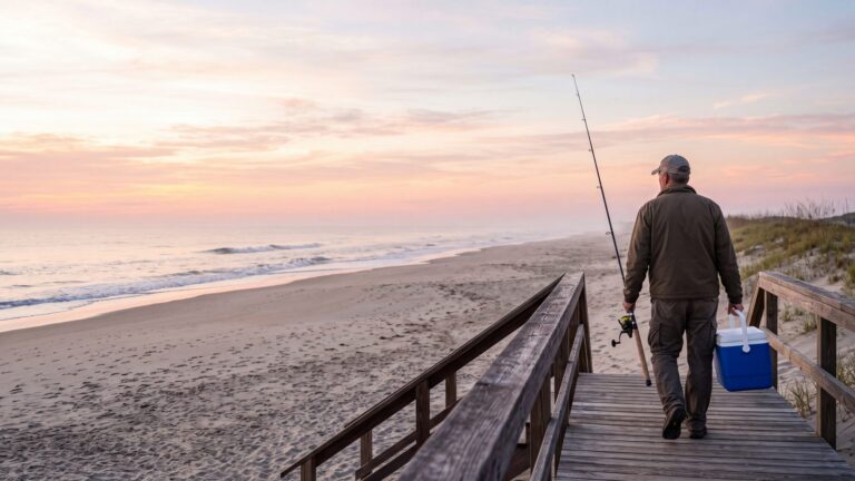 An angler walking down a wooden beach access walkway with a surf rod and a cooler toward a wide beach — Outer Banks, NC