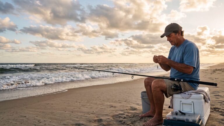 An angler sitting on a cooler at the tide line tying a knot in thin monofilament line onto a swivel, surf rod across his knees — Outer Banks, NC