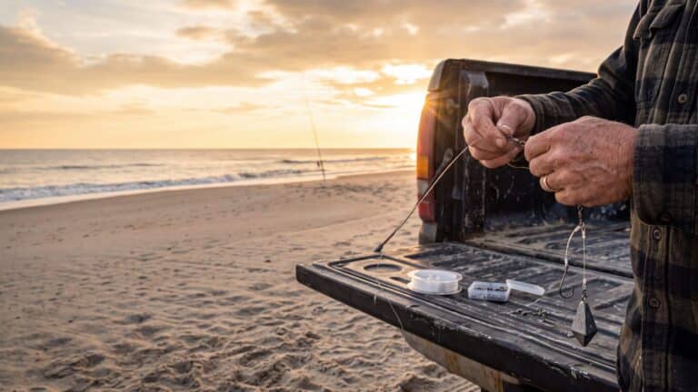 Hands tying a two-hook surf rig with a pyramid sinker over a truck tailgate, spools of line and swivels laid out — Outer Banks, NC