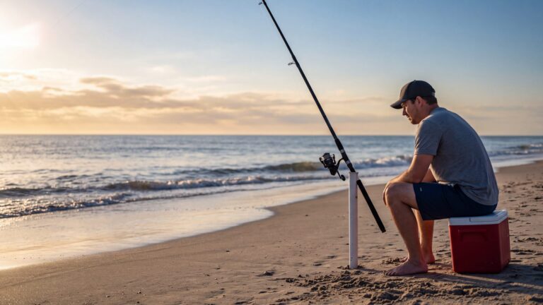 A beginner in shorts and a cap with a surf rod planted in a sand spike, sitting on a cooler watching the rod tip — Outer Banks, NC